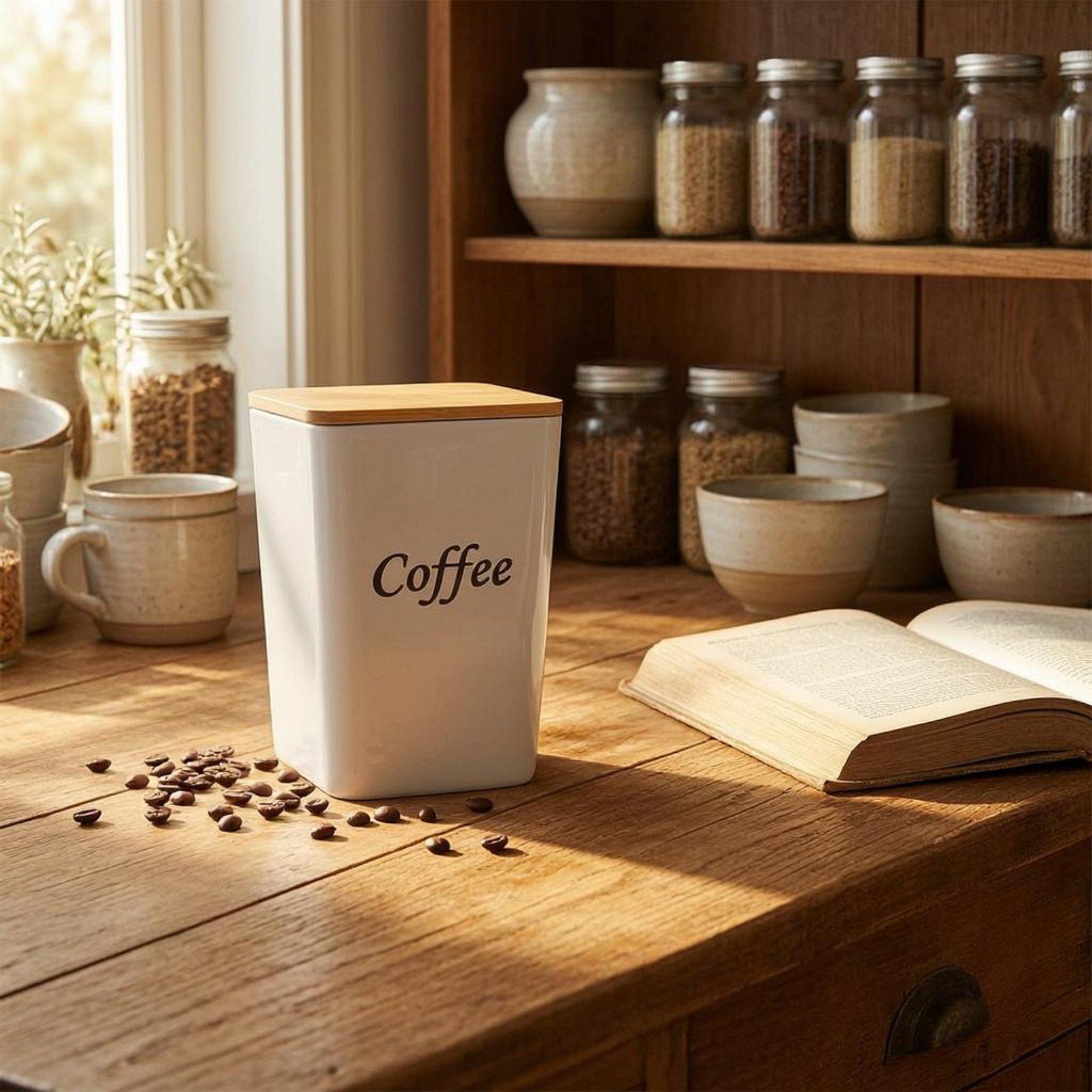Canister Coffee Sugar Tea - Zestaw metalowych pojemników z bambusowymi pokrywkami